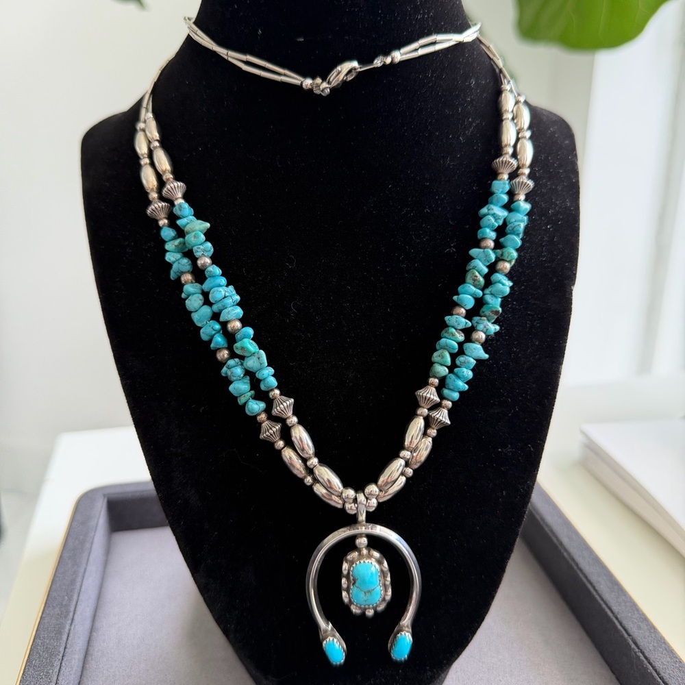 Vintage Navajo RH Sterling Kingman Turquoise Multi-Strand Naja Necklace,28” Rare
